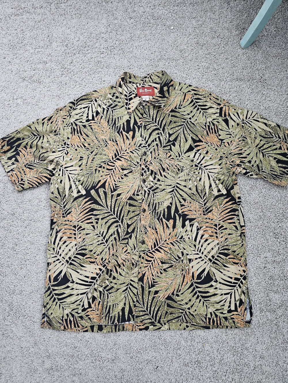 Tommy Bahama Black Tropical Leaf Camp Shirt with Green & Tan Print